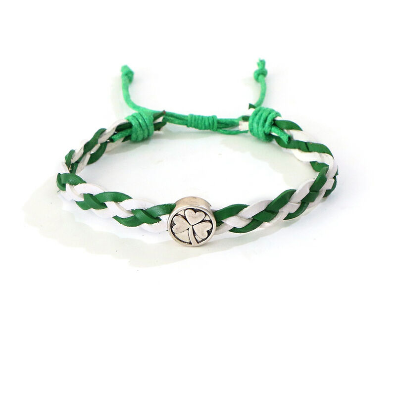 Celtic 4 Strand Leather Bracelet With Shamrock Charm, Green & White Colour