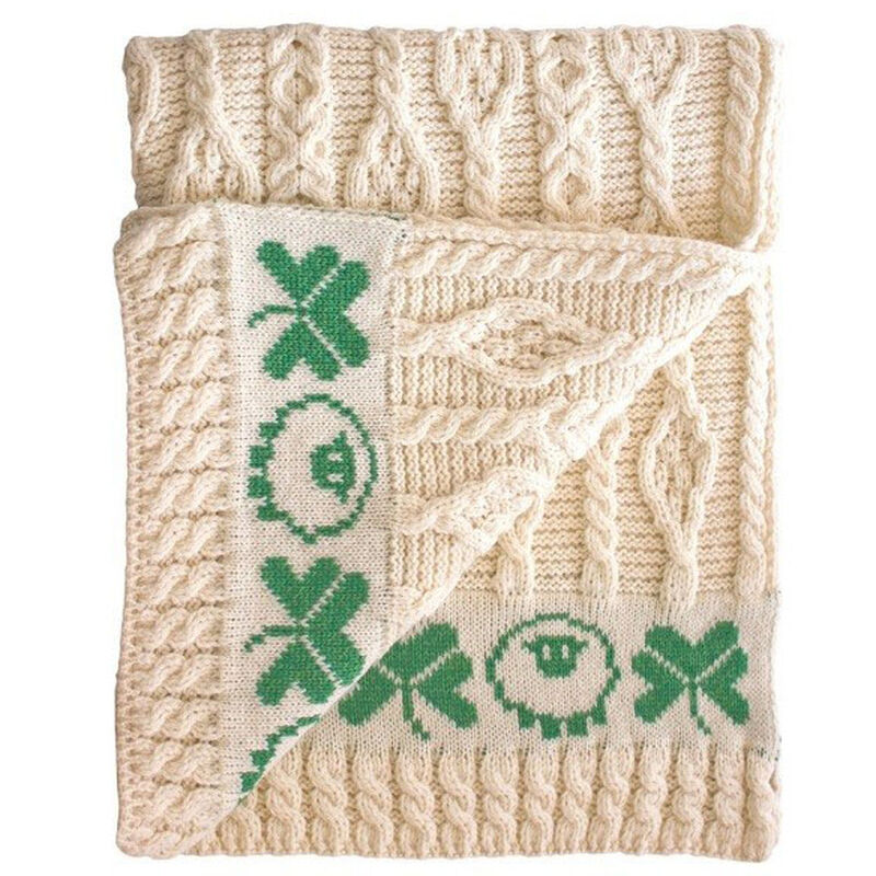 100% Soft Merino Wool Baby Blanket With Sheep And Shamrock Pattern