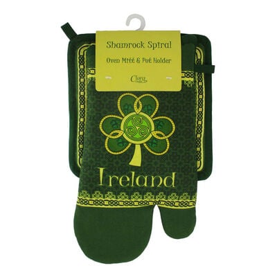 Shamrock Spiral Ireland Oven Glove and Pot Holder With Green Yellow Celtic Design