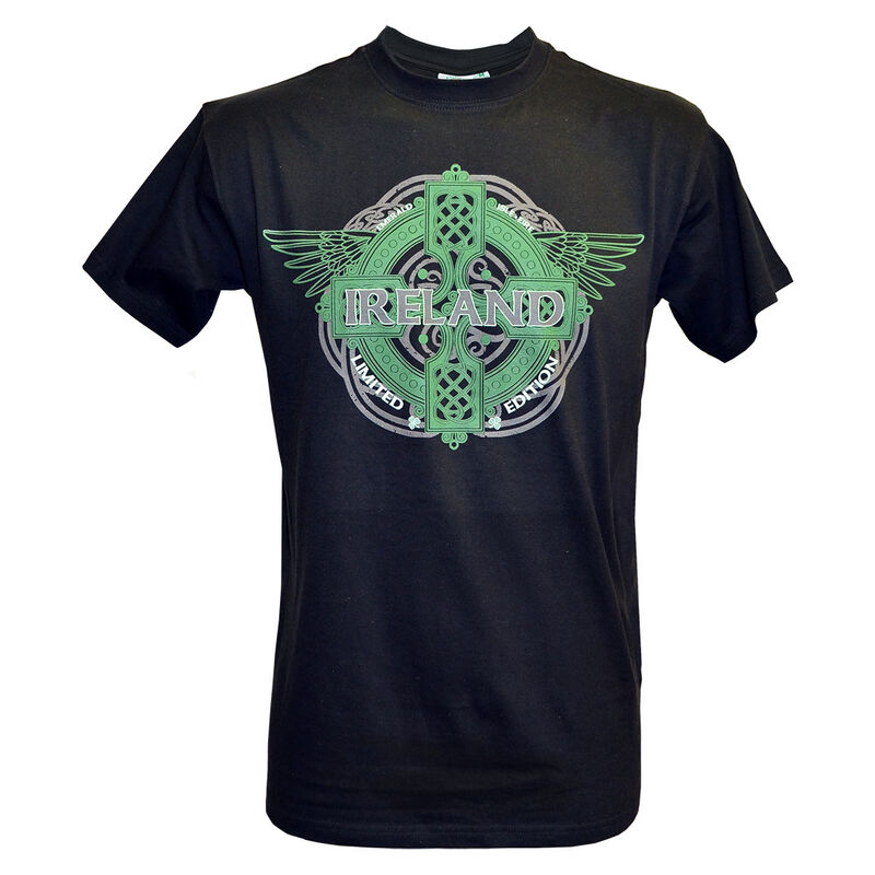 Black Ireland Limited Edition T-Shirt With Celtic Cross And Wings Design