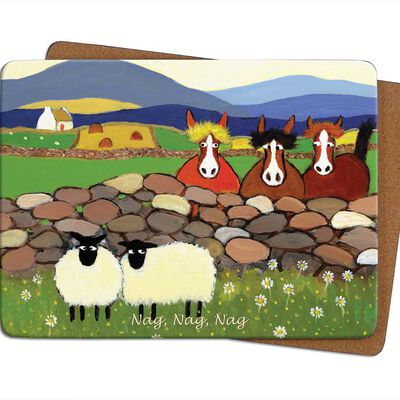 Irish Designed Placemat With Two Sheep And Three Horses With The Text 'Nag Nag Nag'