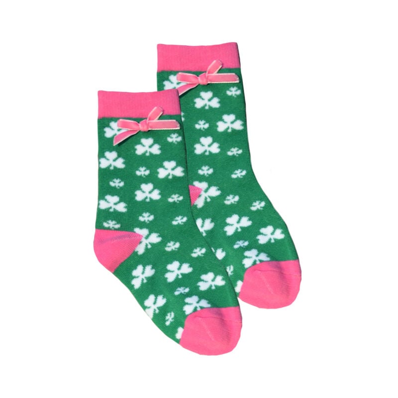 Kid's Socks With White Shamrock Print  Pink Ribbons  Green Colour