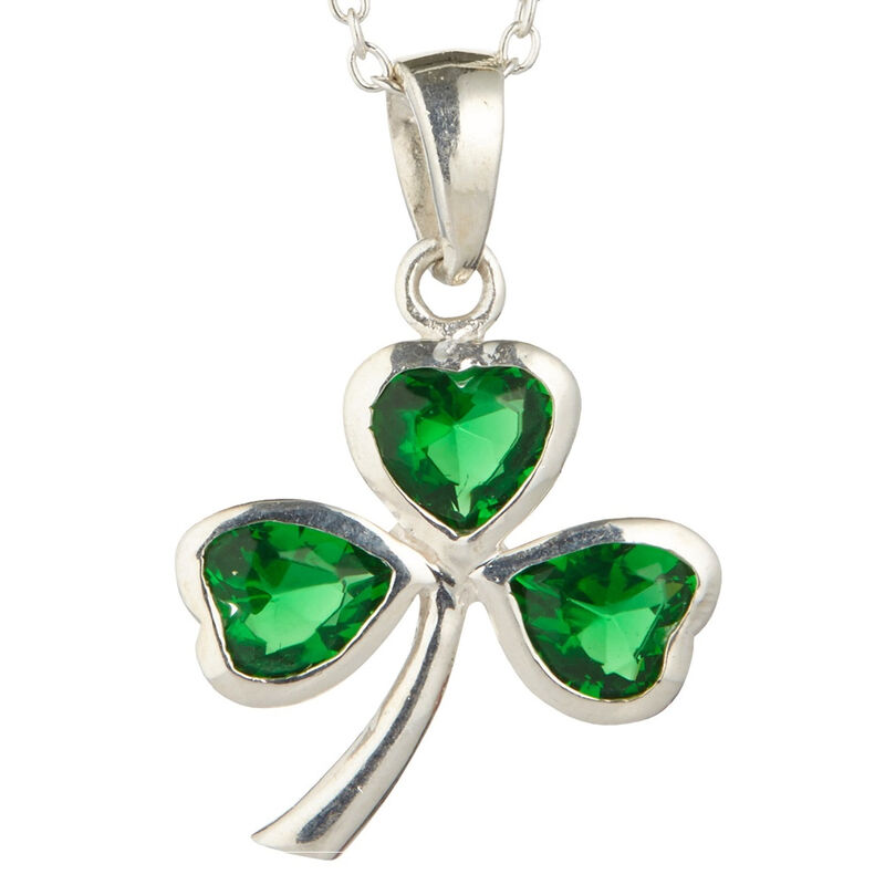 Hallmarked Sterling Silver Shamrock Pendant With 3 Emerald Cubic Zirconia Stones