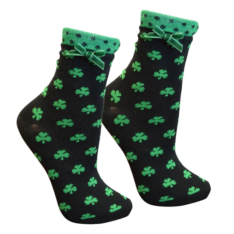 Ladies Black Socks With Green Shamrock Print  White Trim and Green Ribbon