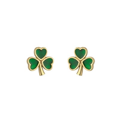 Gold Plated Mini Shamrock Stud Earrings With Green Leaves