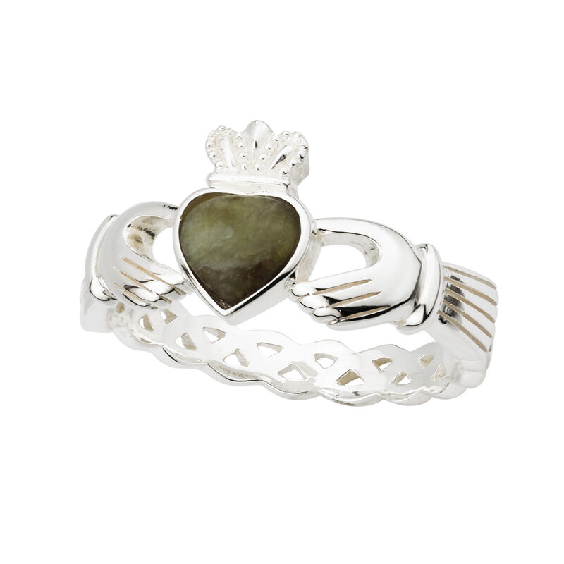 Ladies Hallmarked Sterling Silver Claddagh Ring With Connemara Marble Stone