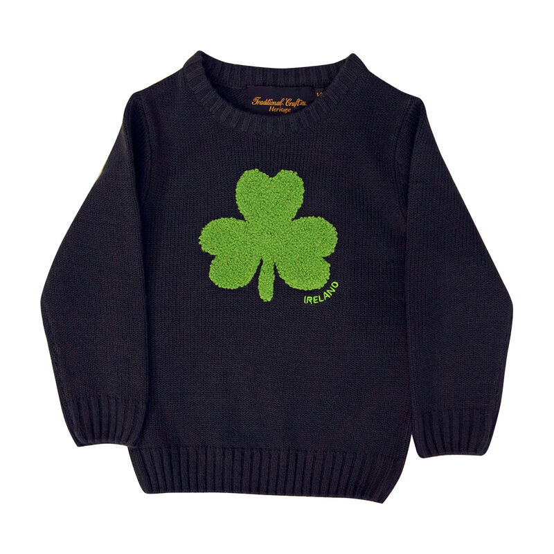 Round Neck Ireland Kids Sweater with Fluffy Shamrock  Navy Colour