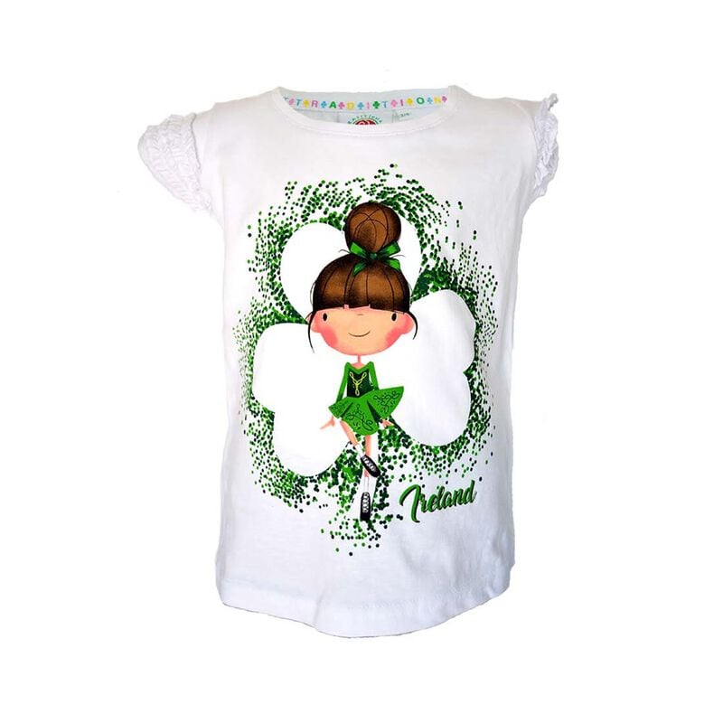 White T-Shirt With Irish Dancer and Frill Shamrock Design 