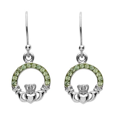 Platinum Plated Claddagh Drop Earrings With Peridot Crystals