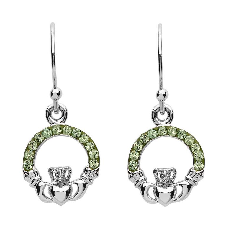 Platinum Plated Claddagh Drop Earrings With Peridot Swarovski Crystals