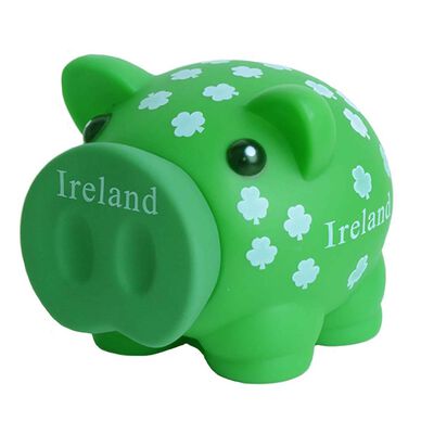 Green Piggy Bank With White Shamrocks And Ireland Text