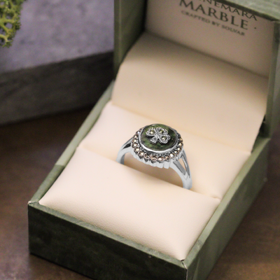 Hallmarked Sterling Silver  Marcasite Connemara Marble  Shamrock Embedded Ring
