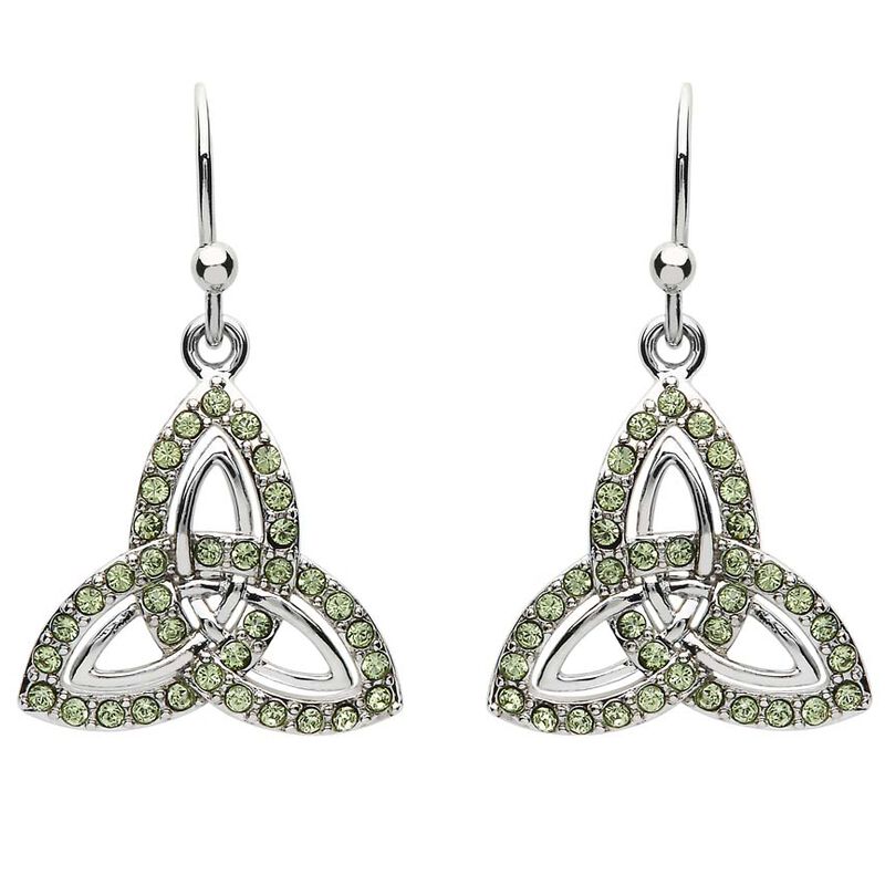 Platinum Plated Trinity Knot Drop Earrings 2 Row With Peridot Swarovski Crystals