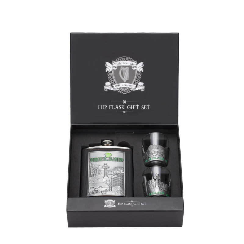 Ireland Stainless Steel Hip Flask Gift Set With Two Shot Glasses