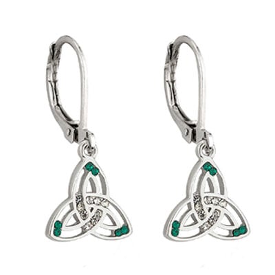 Rhodium Plated Trinity Knot Drop Earrings With Green And White Crystal