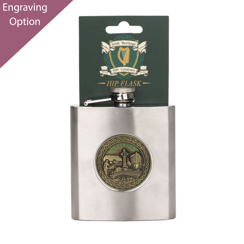 Stainless Steel 6oz Hip Flask With Ireland Brass Badge Design