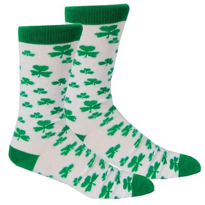White Lucky Irish Socks With Green Toe And Shamrock Pattern Design