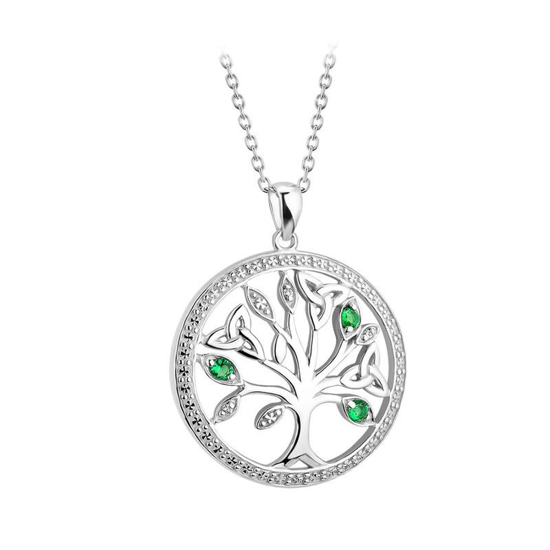 Sterling Silver Tree Of Life Necklace With Trinity Knot And Green Gem Detailing
