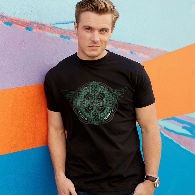 Black Ireland Limited Edition T-Shirt With Celtic Cross And Wings Design
