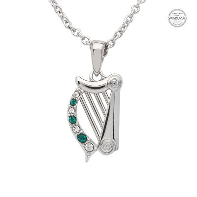 Platinum Plated Harp Pendant With Clear And Green Swarovski Crystals