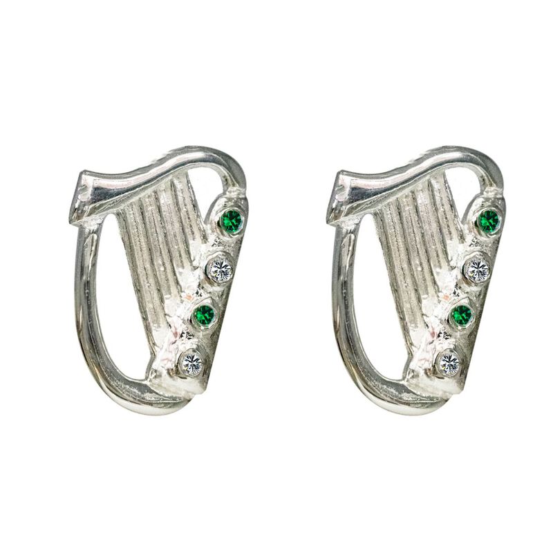 Silver Plated Irish Designed Harp Stud Earrings With Green Stone