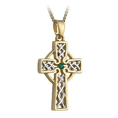 Gold Plated Two Toned Celtic High Cross Pendant With Emerald Stone