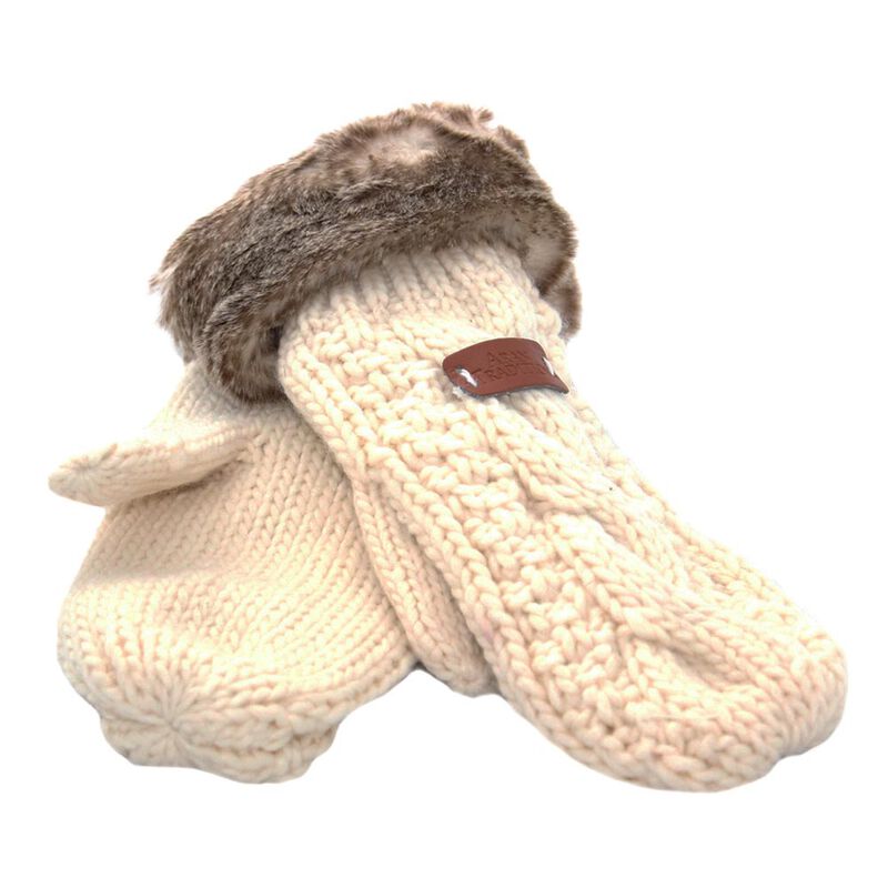 Knit Style Cream Mitten Gloves With Faux Fur Detail