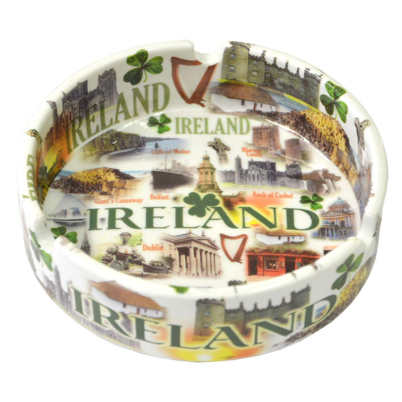 Famous Landmarks Of Ireland Ceramic Ashtray With Shamrocks And Green Text