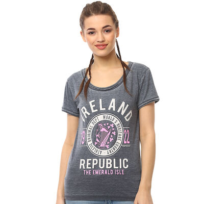 Navy Ladies Ireland Republic 1922 T-Shirt With A Pink Harp Design