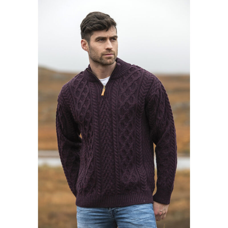 Merino Wool Knitted Jumper With Cable And Herringbone Stitching And Half Zip