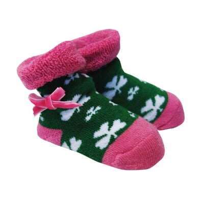 Green and Pink Baby Boots With White Shamrocks and Pink Ribbon