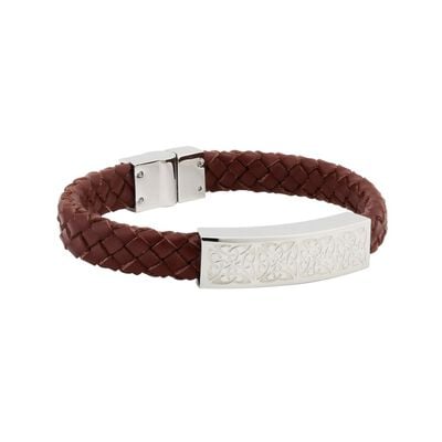 Mens Brown Leather Bracelet Wristband With Steel Celtic Knot Design