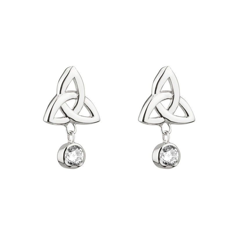 Hallmarked Sterling Silver Trinity Knot Stud Earrings with Green Crystal Charm