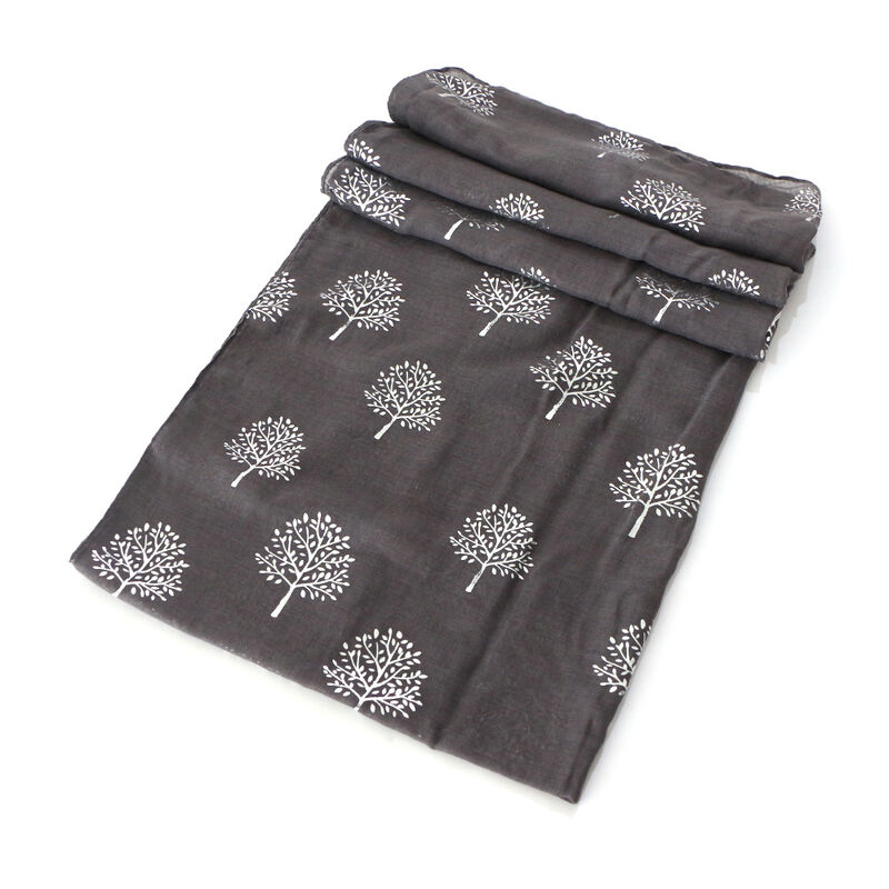 Light Scarf With Tree of Life Design, Grey Colour