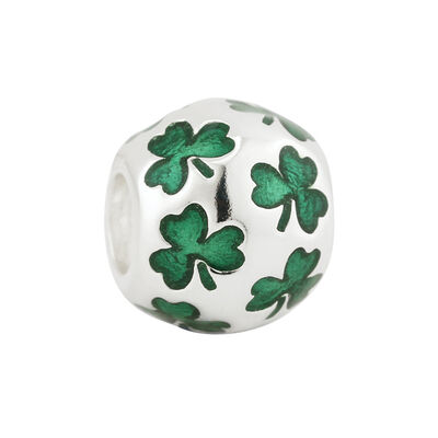 Bead Charm With Multiple Shamrocks Inlayed  Hallmarked Sterling Silver