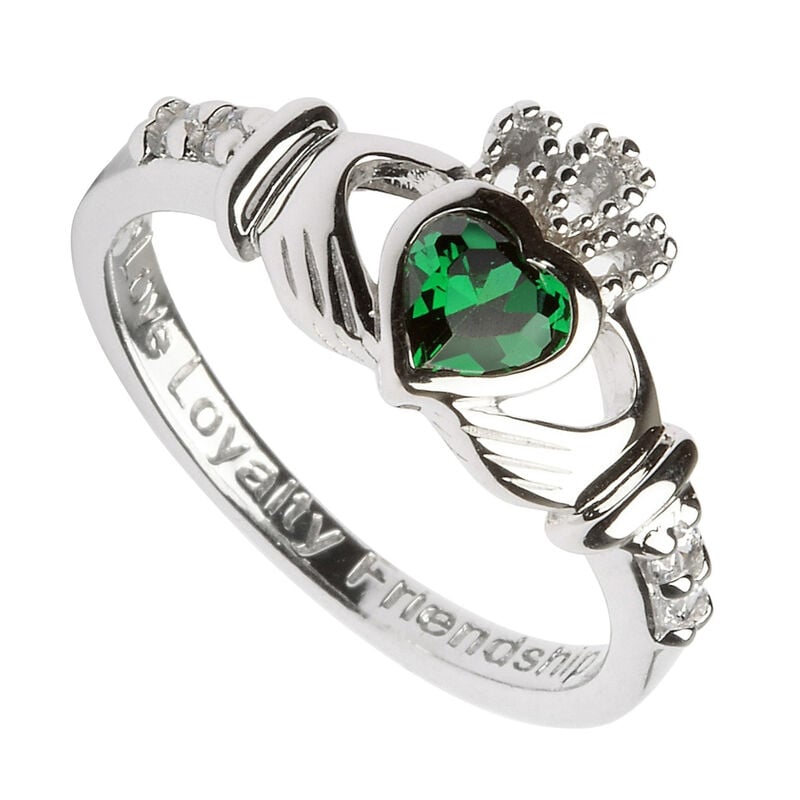 Hallmarked Sterling Silver Claddagh Birthstone Ring May With Green Cubic Zirconia Stone