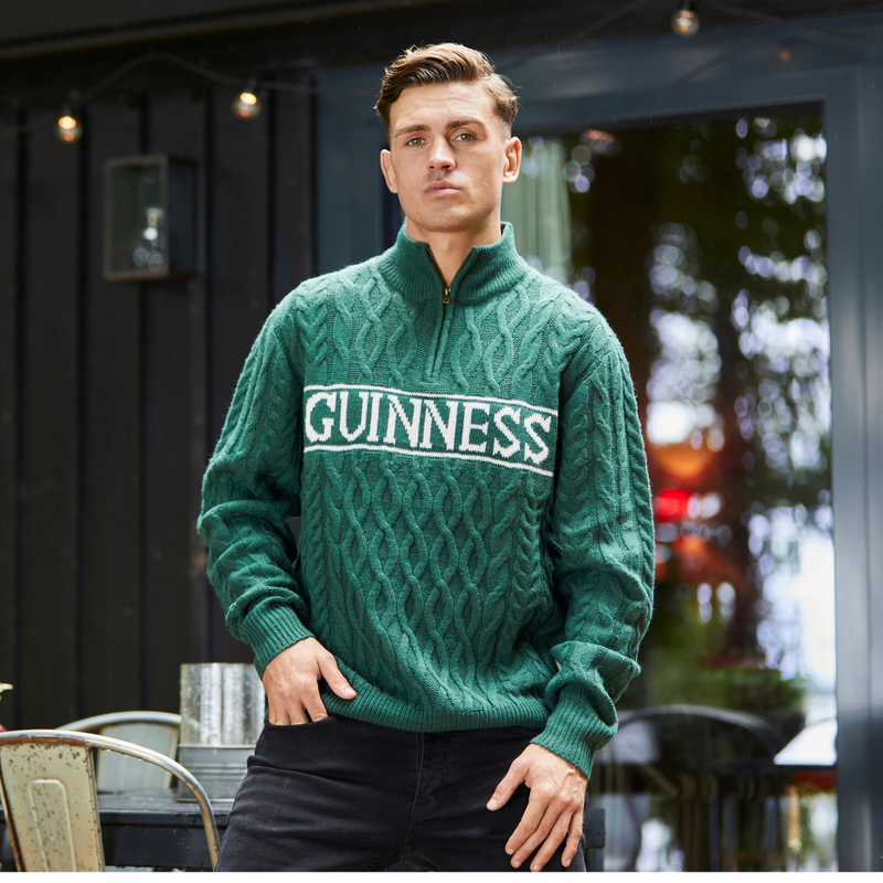Guinness Aran Knit 1/4th Zip Sweater- Moss Green