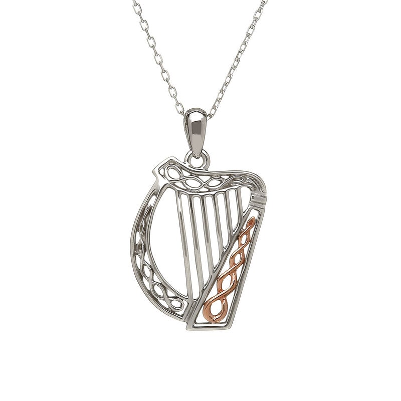 Hallmarked Sterling Silver Irish Harp Pendant with Rose Gold