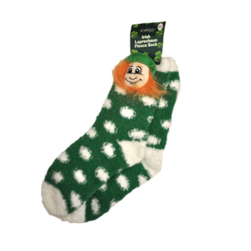 Green Fleece Socks With White Polka Dots and Soft Leprechaun Head