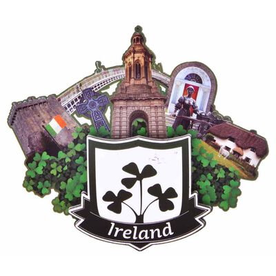 Ireland Wooden Magnet With Shield And Irish Landmarks Design