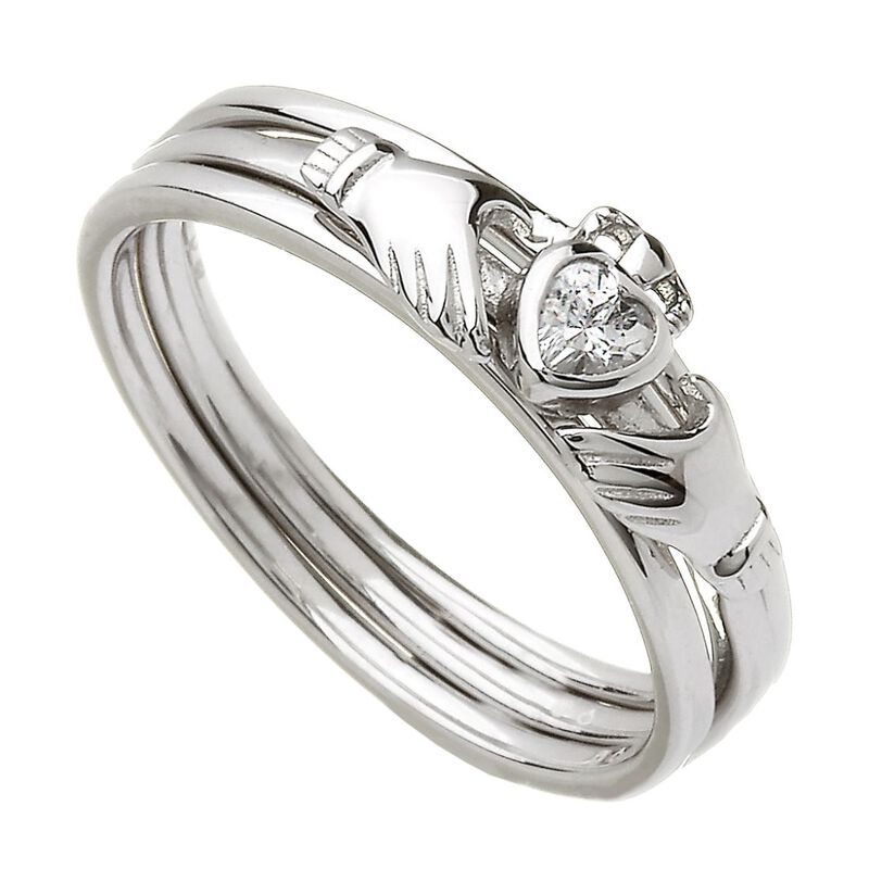 Hallmarked Sterling Silver Three Part Stacking Claddagh Ring With Cubic Zirconia