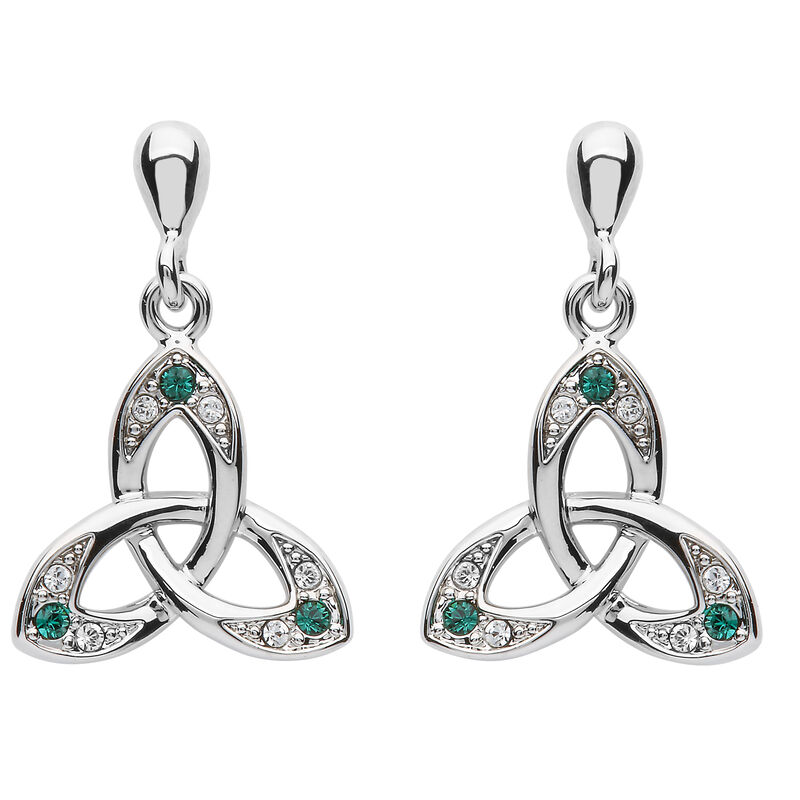 Platinum Plated Trinity Knot Drop Earrings With Green And Clear Swarovski Crystal