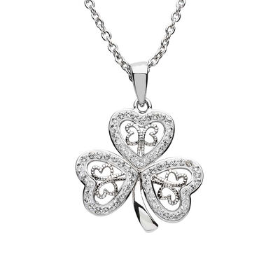 Platinum Plated Filigree Shamrock Pendant With Clear Crystals