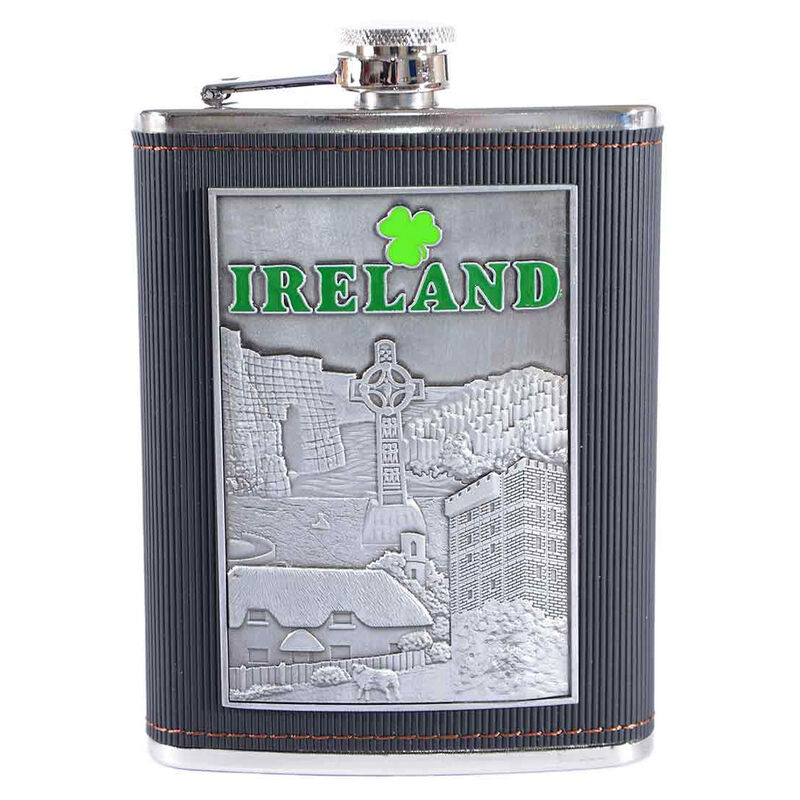 8oz Stainless Steel Ireland Designed Hip Flask With Leather Cover
