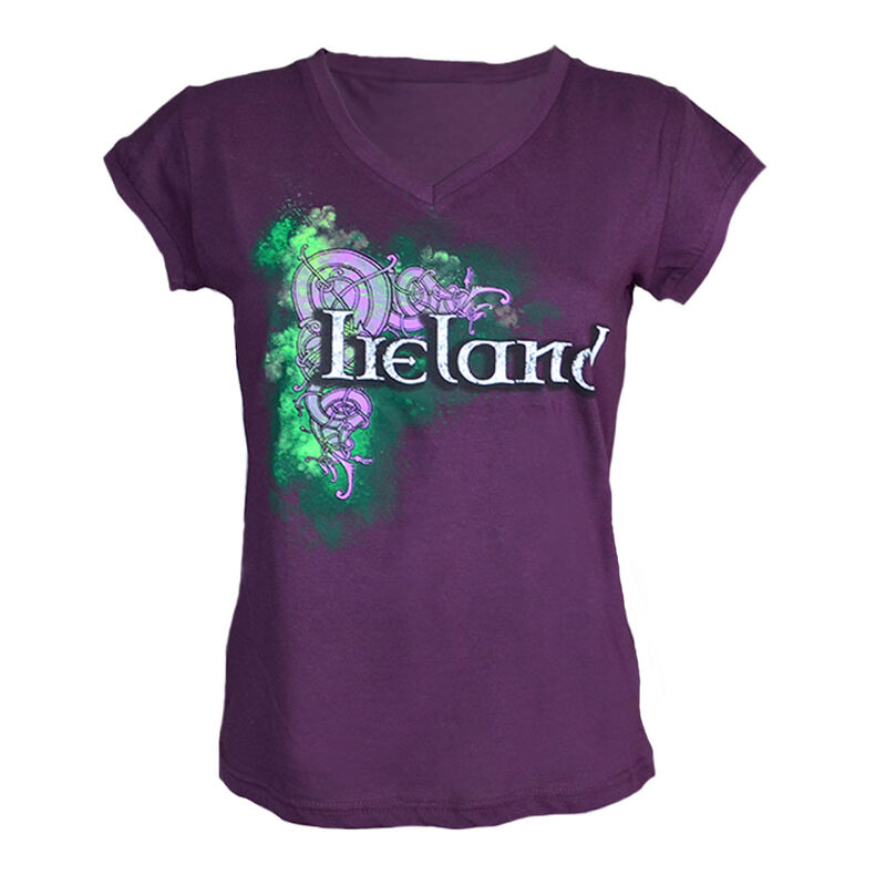 Purple Ladies V-Neck T-Shirt With Ireland Celtic Design