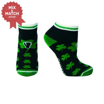 Black Guinness Ankle Style Socks With Green Shamrock Print