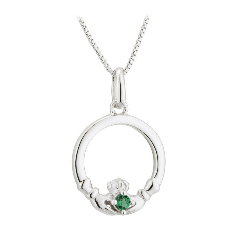 Hallmarked Sterling Silver Green Crystal Claddagh Pendant