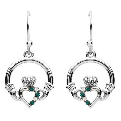 Platinum Plated Claddagh Drop Earrings With Clear And Peridot Crystals