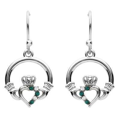 Platinum Plated Claddagh Drop Earrings With Clear And Peridot Swarovski Crystals