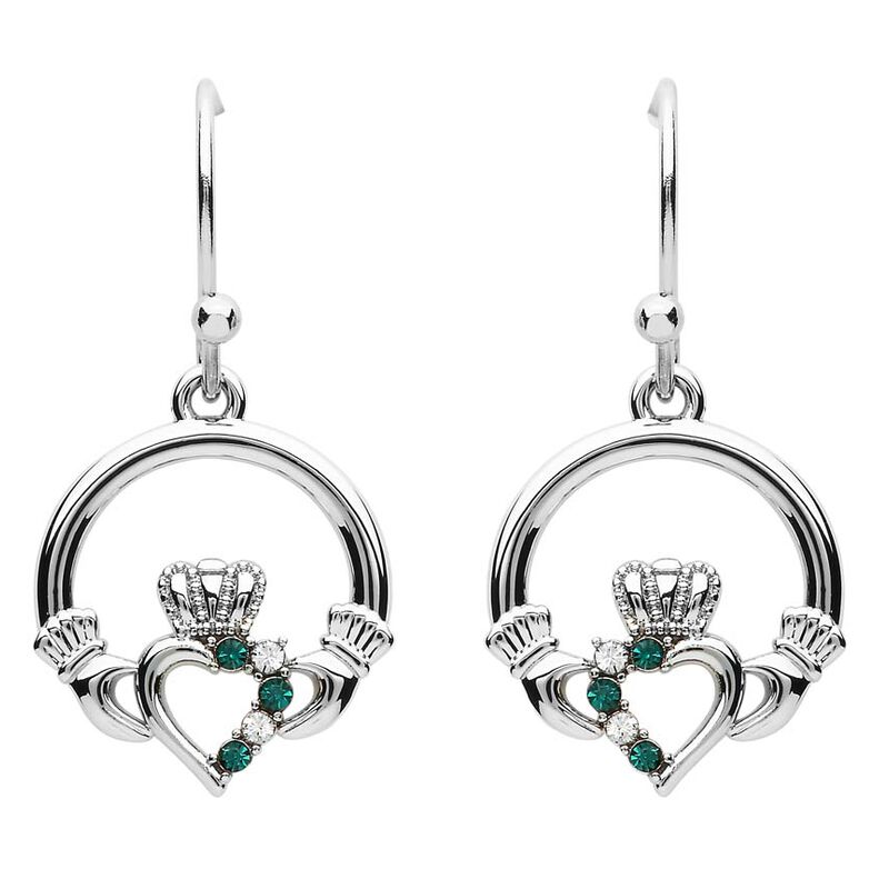 Platinum Plated Claddagh Drop Earrings With Clear And Peridot Swarovski Crystals